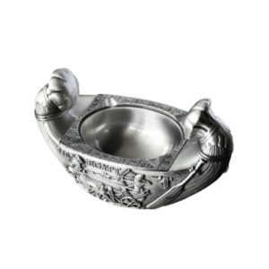 Cendrier décoratif acier argent vieilli Égypte ancienne, motifs barque hiéroglyphes pharaons et inscription EGYPT.