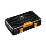 Humidor portable CHARLOONG noir en plastique rigide, hygromètre, fermoirs orange.
