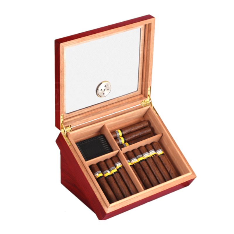 Boite-de-cigare-cubain-1 Cave à cigares luxe acajou brillant avec fenêtre, hygromètre, intérieur cèdre pour cigares cubains.