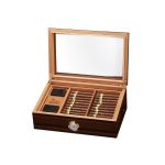 Cave à cigares luxe en bois laqué foncé, couvercle verre transparent, hygromètre intégré.