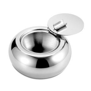Cendrier design rond en acier inoxydable poli miroir, refermable anti-odeur.