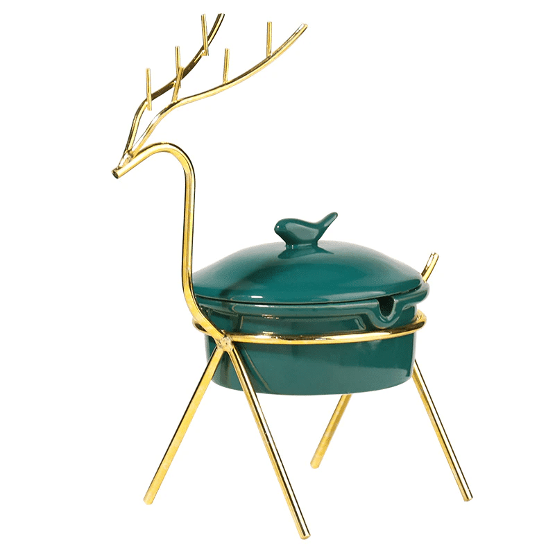 Cendrier-art-nouveau Cendrier Art Nouveau cerf doré, pot céramique vert émeraude, couvercle oiseau.