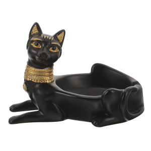 Cendrier en résine noir et or, chat égyptien avec Œil d'Horus et scarabée.