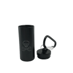 Cendrier de poche cylindrique noir mat en acier, motif tête de mort blanc gravé, mousqueton