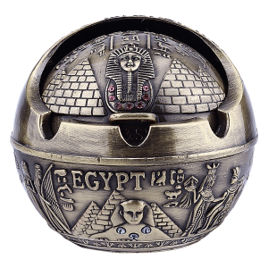 Cendrier acier bronze antique motifs égyptiens, masque pharaon et couvercle hermétique.