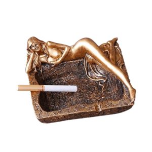Cendrier sirène en résine, finition bronze antique, sculpture élégante et mythologique.
