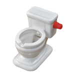 Cendrier humoristique WC en céramique blanc avec levier chasse d'eau rouge et couvercle articulé.