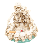 Cendrier gothique macabre couple de squelettes ivoire enlancés, base turquoise usée et crânes.