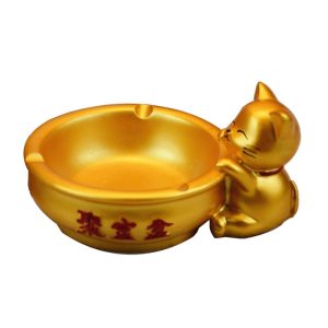 Cendrier Maneki-Neko doré en résine, chat asiatique porte-bonheur avec bol de trésor.