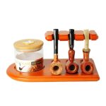 Cendrier design en bois verni brun-rougeâtre et verre avec 6 emplacements pour pipes.