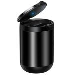 Cendrier voiture Glord noir cylindrique, LED bleue, couvercle hermétique pour propreté.