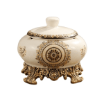 Cendrier vintage Année 70 sur pied en céramique ornée dorée avec couvercle et base laiton.