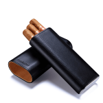 Étui à cigares portable noir en cuir cèdre espagnol avec coupe-cigare intégré.
