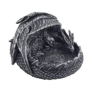 Cendrier dragon sculpté en acier inoxydable vieilli, motifs celtiques gris anthracite.