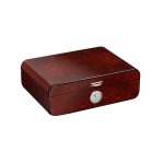 Cave à cigares humidificateur cèdre espagnol, bois précieux laqué rouge-brun, hygromètre intégré.