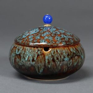 Cendrier rond en céramique avec couvercle – Bisma, bleu & marron