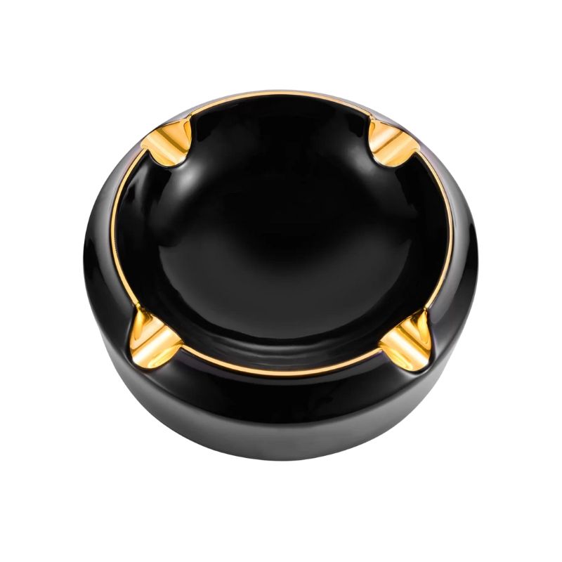 Cendrier-cigare-Gaona-noir Cendrier Gaona céramique noir mat élégant, 4 repose-cigares dorés.