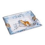 Cendrier cigare céramique panthère dorée motifs bleus style toile de Jouy.