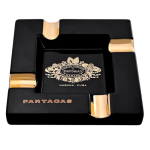 Cendrier cigare Partagas carré en céramique noire laquée, emblème et 4 encoches dorées.